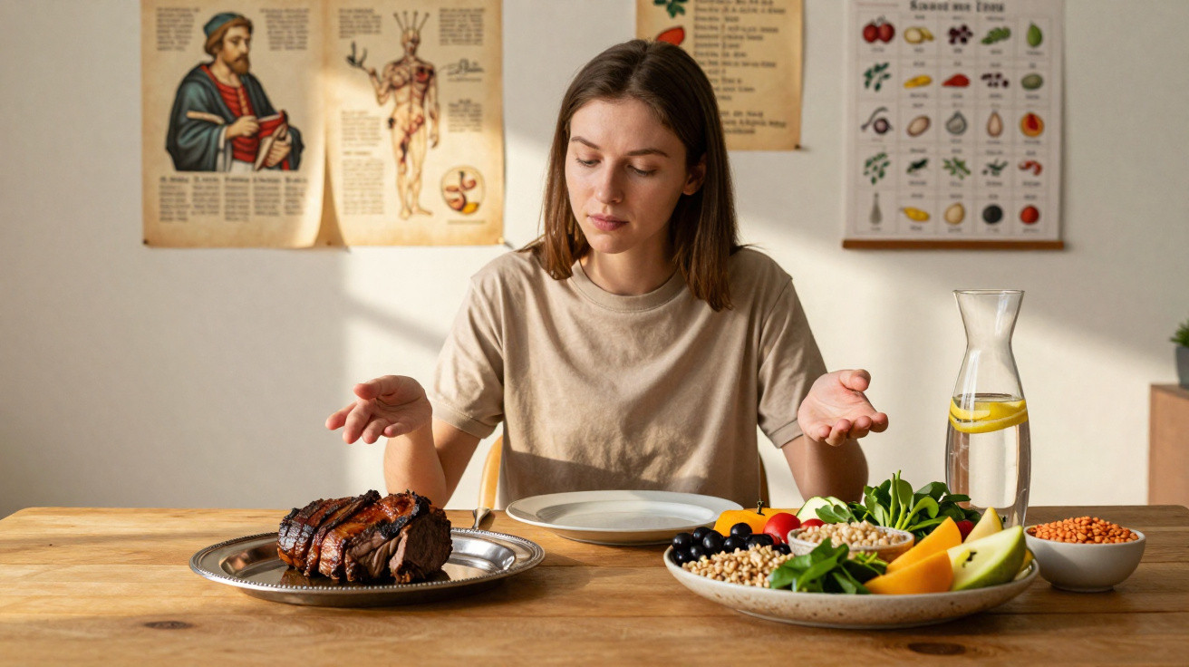 Mulher hesitante entre prato de carne e tigela de legumes e frutas frescas à mesa de madeira.