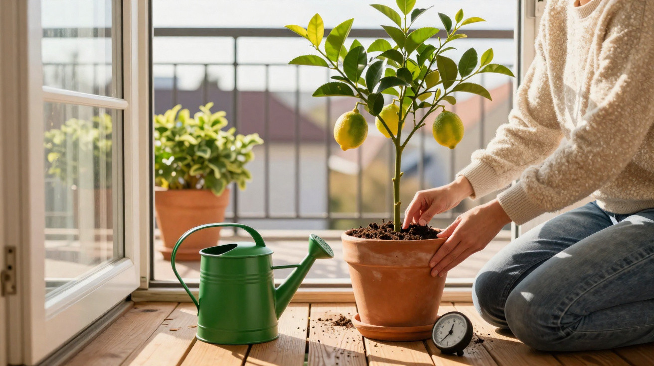 Pessoa a cuidar de um limoeiro em vaso num terraço com regador verde e planta ao fundo.