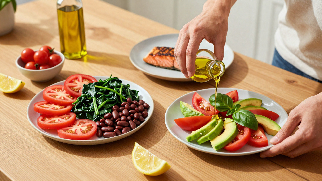 Mãos a temperar salada com azeite, tomate, abacate, manjericão, feijão e espinafres sobre mesa de madeira.