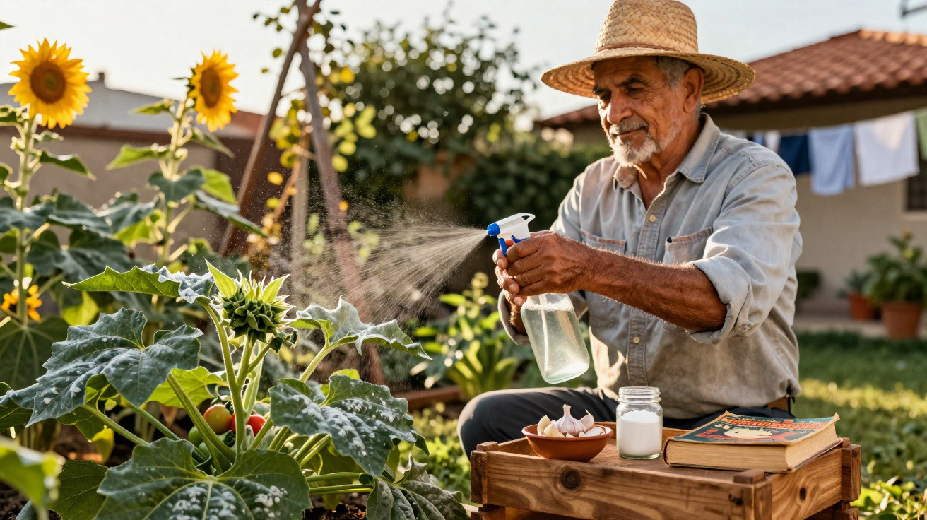 Homem idoso a borrifar plantas num jardim com girassóis ao fundo, usando chapéu de palha.