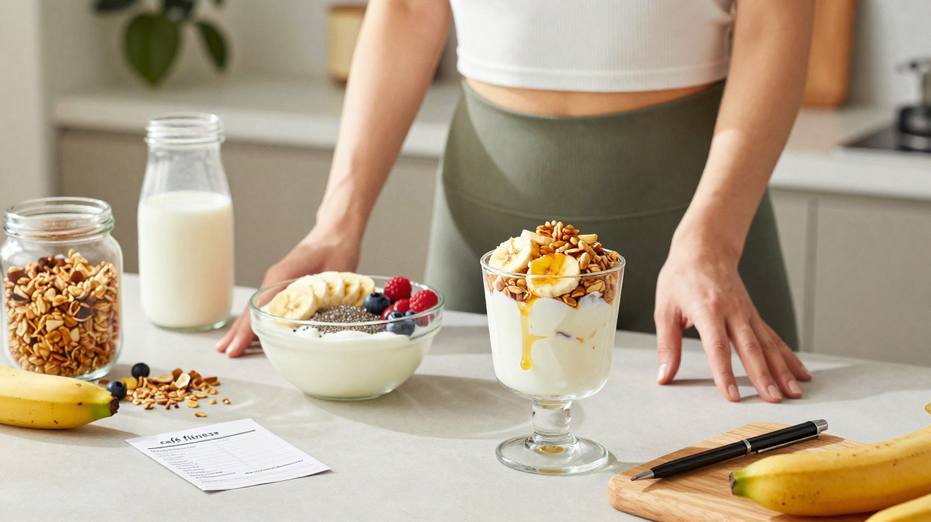 Pessoa prepara pequeno-almoço saudável com iogurte, granola, frutos vermelhos, banana e leite numa cozinha moderna.