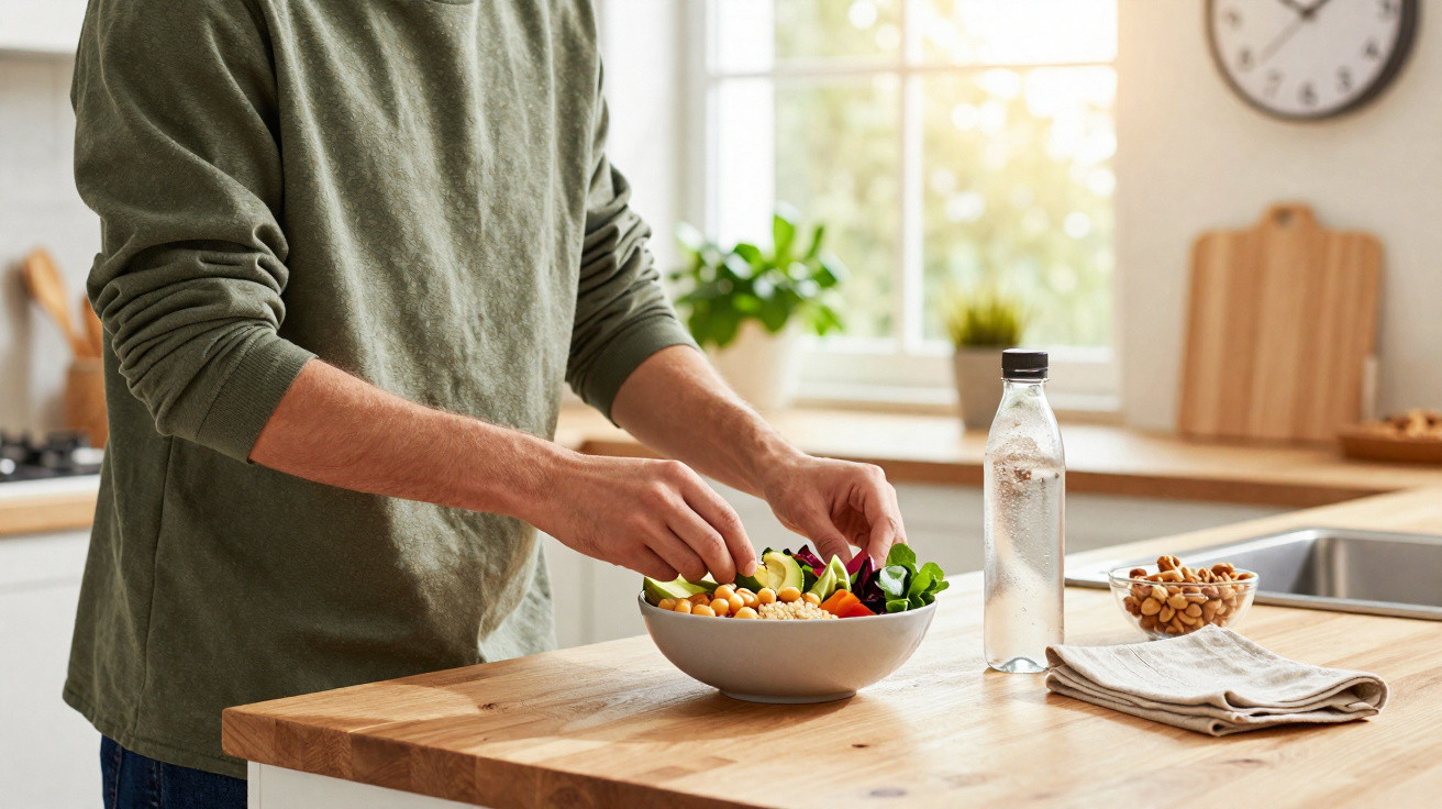 Pessoa a preparar uma salada saudável numa cozinha luminosa, com garrafa de água e frutos secos na bancada.