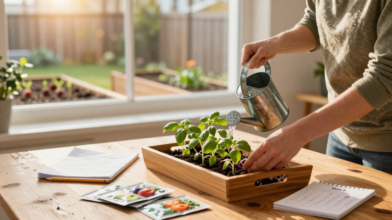 Pessoa a regar plantas jovens numa caixa de madeira num interior com luz natural.