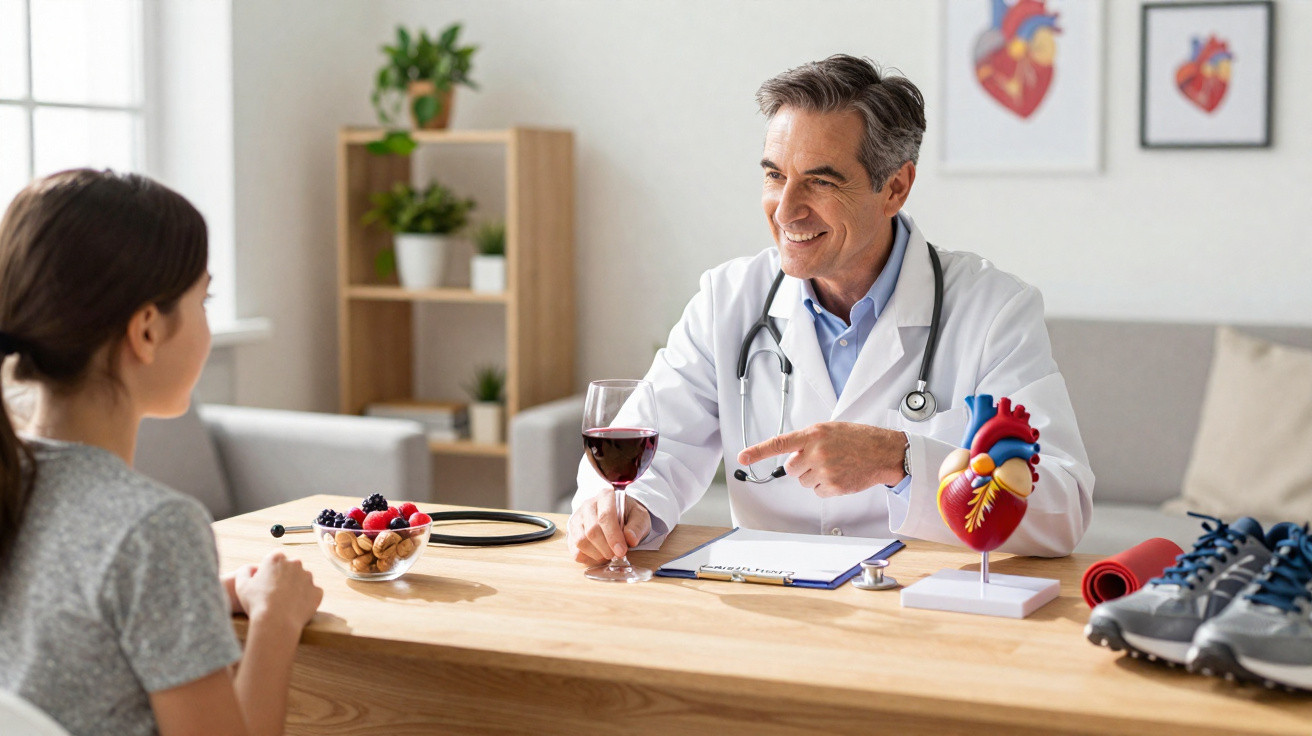 Médico com estetoscópio conversa com paciente jovem, segurando um copo de vinho tinto num consultório médico.