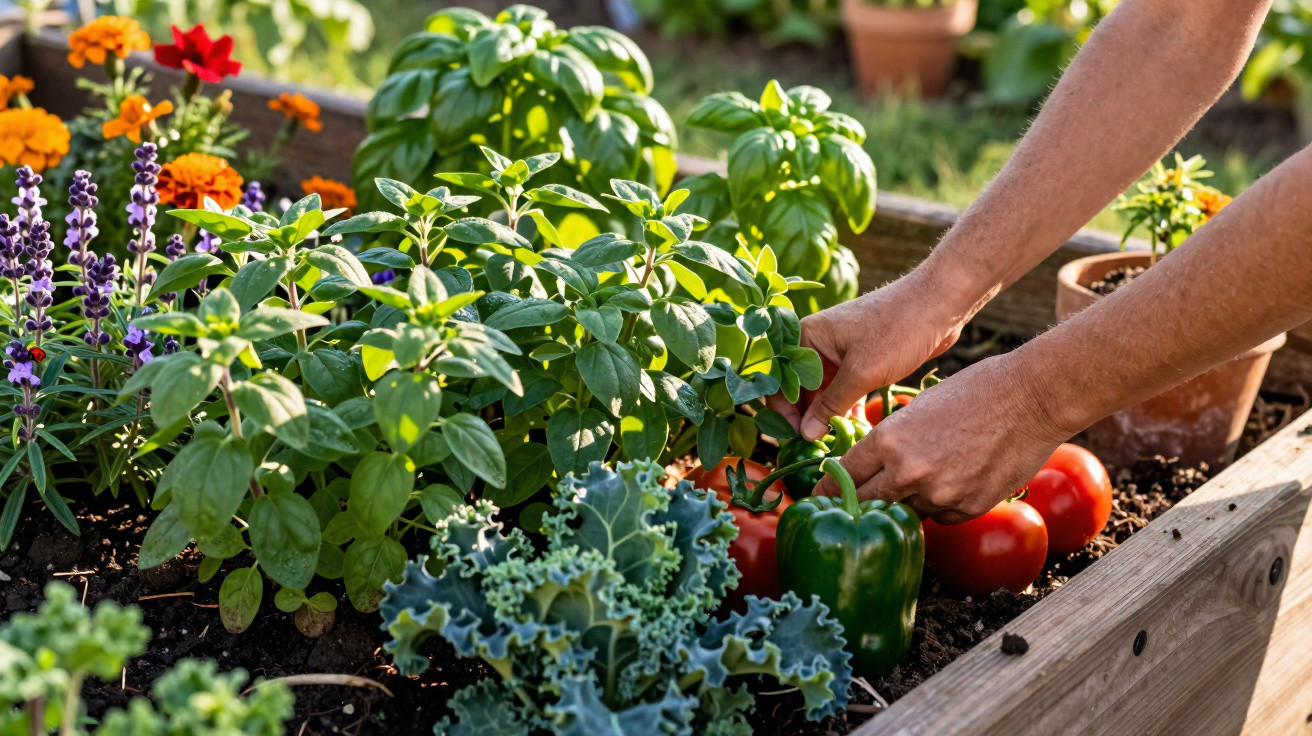 Mãos colhendo pimentos verdes e tomates em horta com várias ervas aromáticas e flores coloridas.