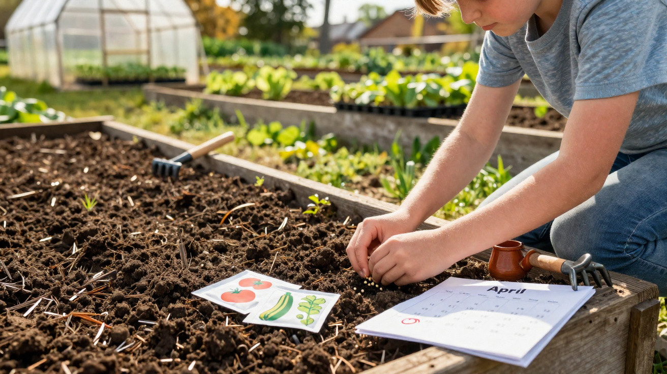 Criança a plantar sementes em canteiro com calendário e ilustrações de legumes num jardim ao ar livre.