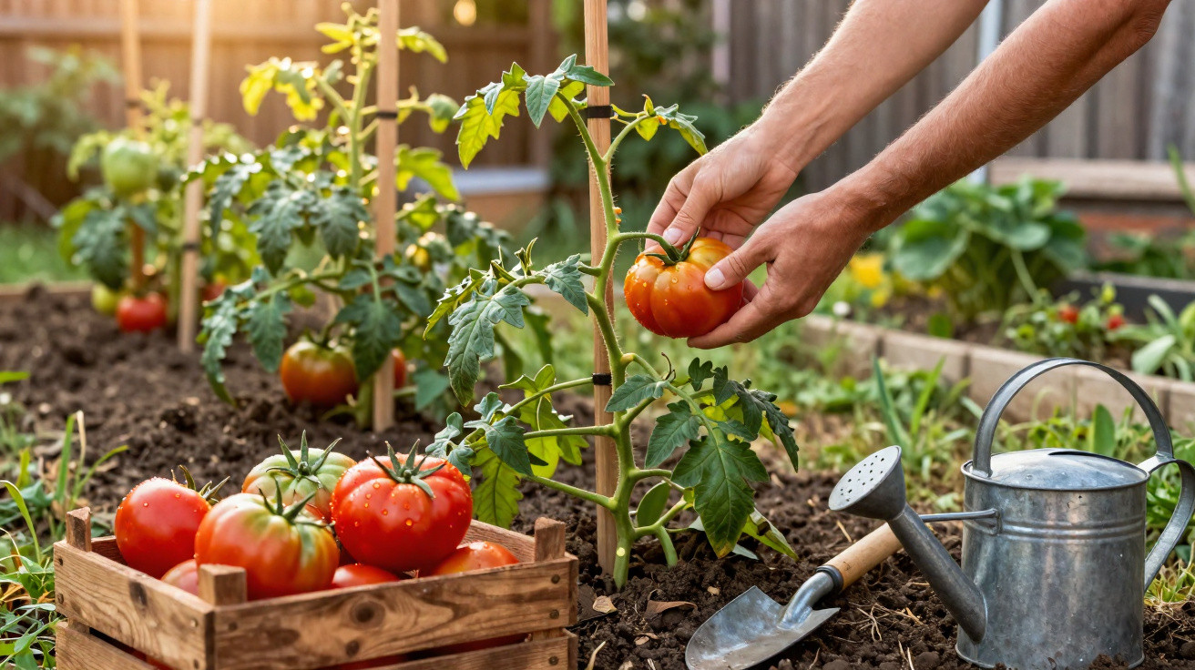 Pessoa a colher tomate maduro numa horta com regador e enxada ao lado, cesto com tomates colhidos.