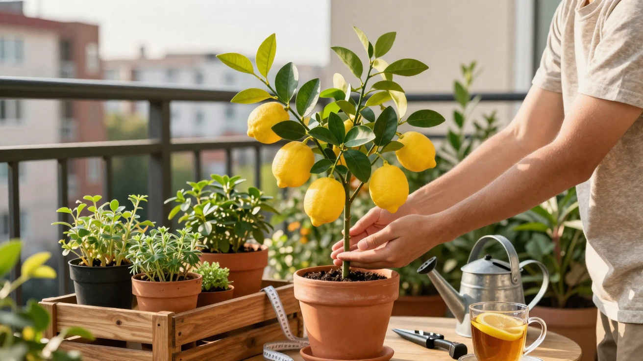 Pessoa a cuidar de um limoeiro em vaso numa varanda com outras plantas e chá de limão na mesa.