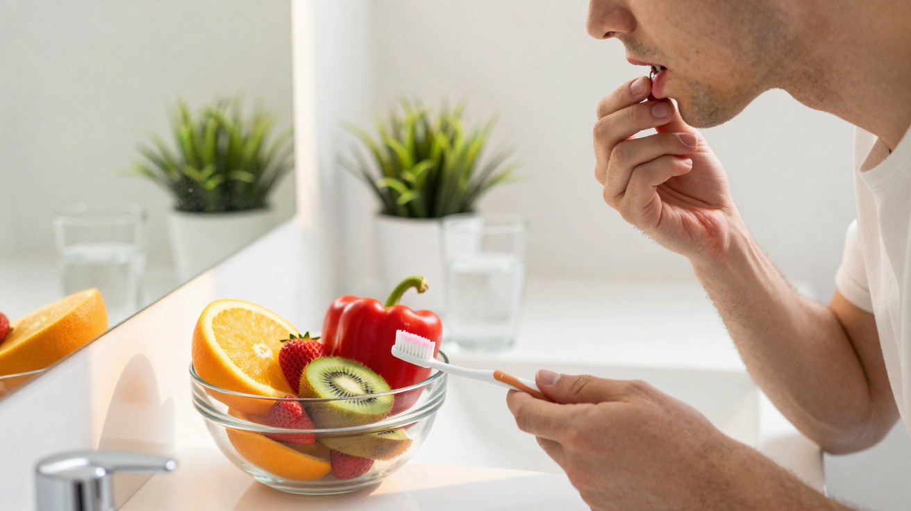 Homem no banheiro segurando comprimido e escova de dentes ao lado de tigela com frutas.
