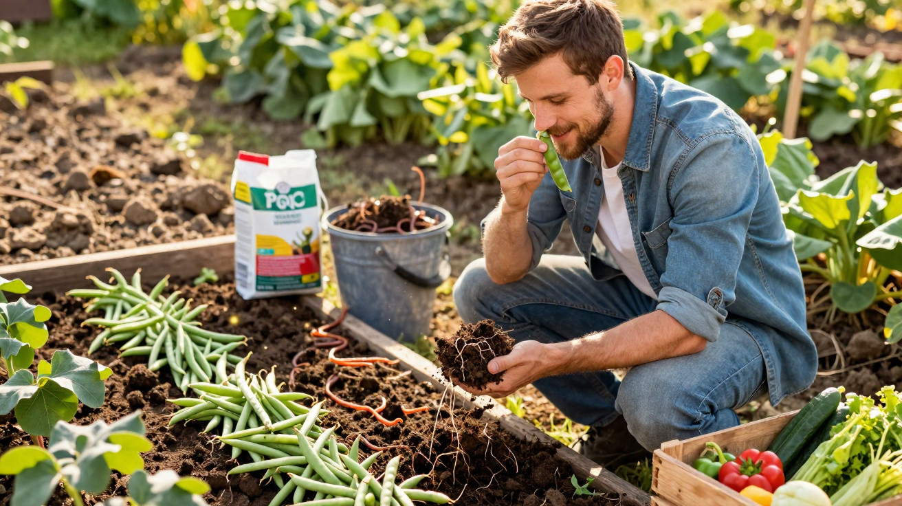 Homem colhendo feijão verde num jardim com legumes frescos e fertilizante ao lado.