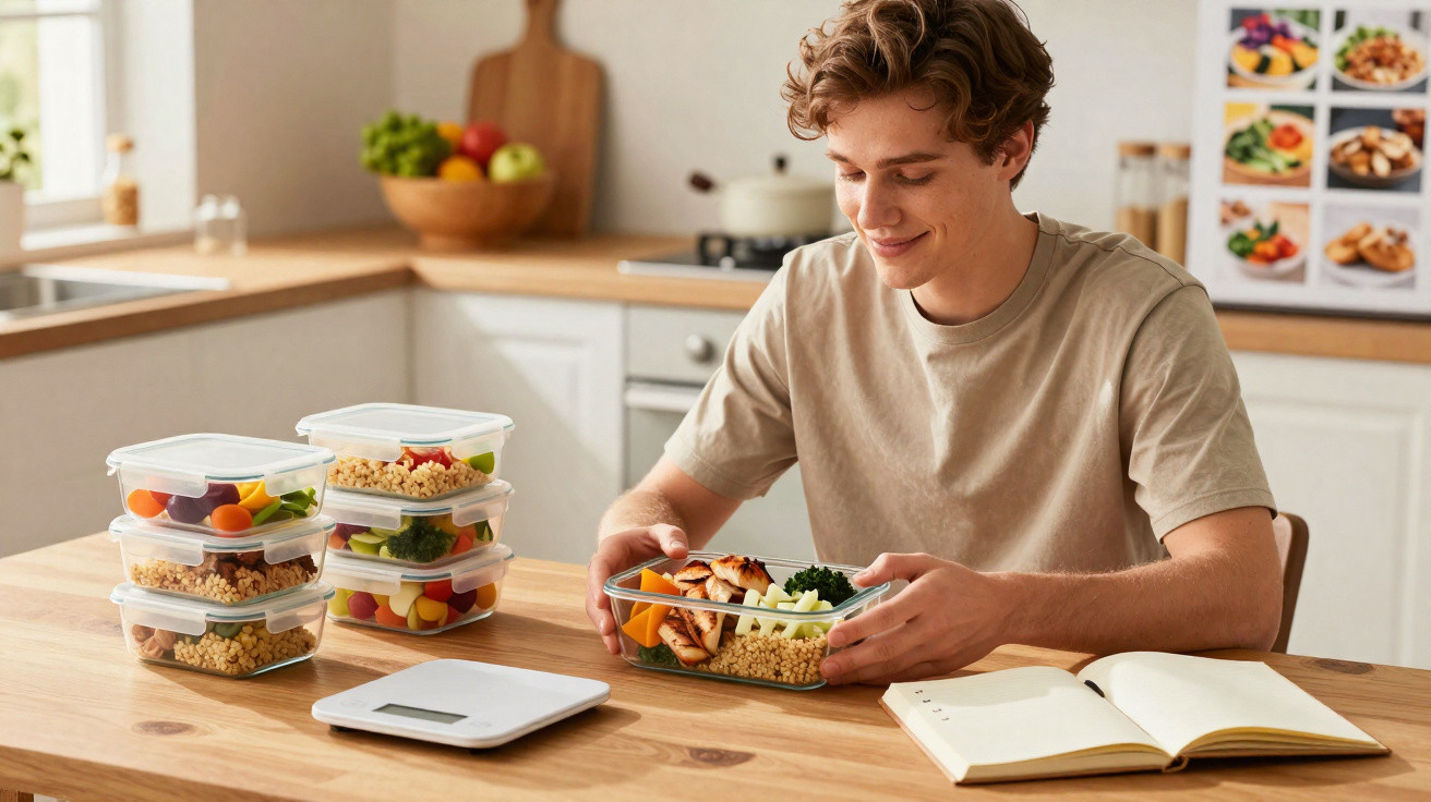 Jovem sentado na cozinha a preparar refeições saudáveis em marmitas para organização semanal.