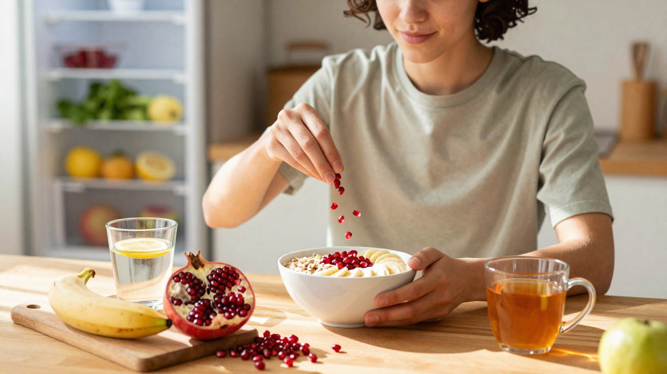 Pessoa a colocar bagas de romã numa taça com frutas e cereais, ao pequeno-almoço numa cozinha iluminada.