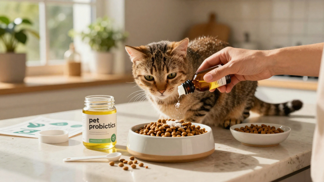 Gato comendo ração num prato enquanto é adicionada medicação probiótica por uma mão humana numa cozinha iluminada.