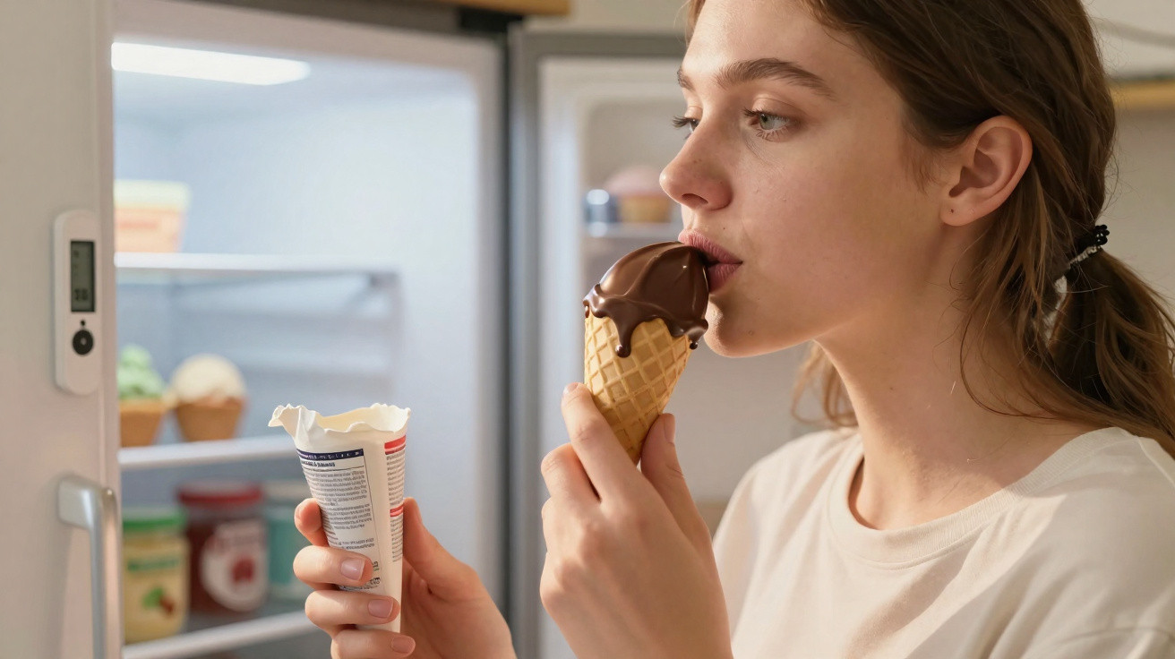 Mulher a comer gelado de chocolate junto da porta aberta do frigorífico na cozinha.