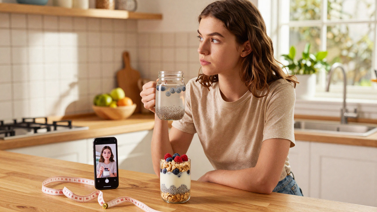 Mulher sentada na cozinha com smoothie e telemóvel a gravar vídeo, fita métrica na bancada.