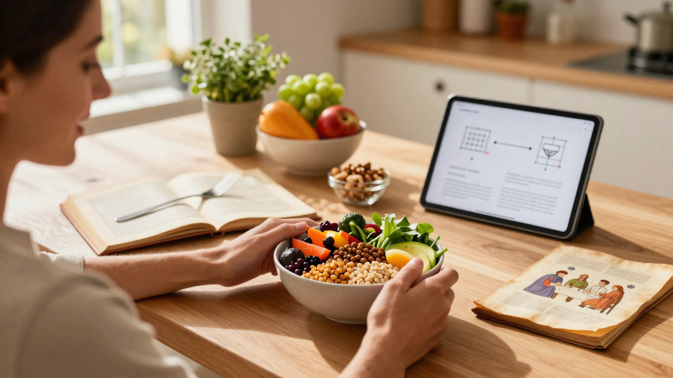 Pessoa a segurar uma taça com comida saudável à mesa, com tablet, livro e frutos ao fundo numa cozinha iluminada.