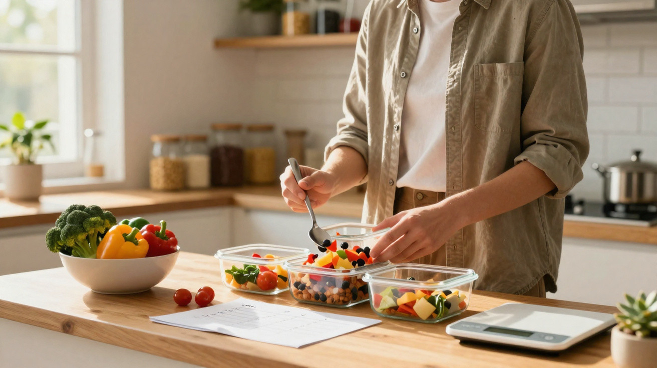 Pessoa a preparar salada em tupperwares numa cozinha iluminada com vegetais frescos sobre a bancada.