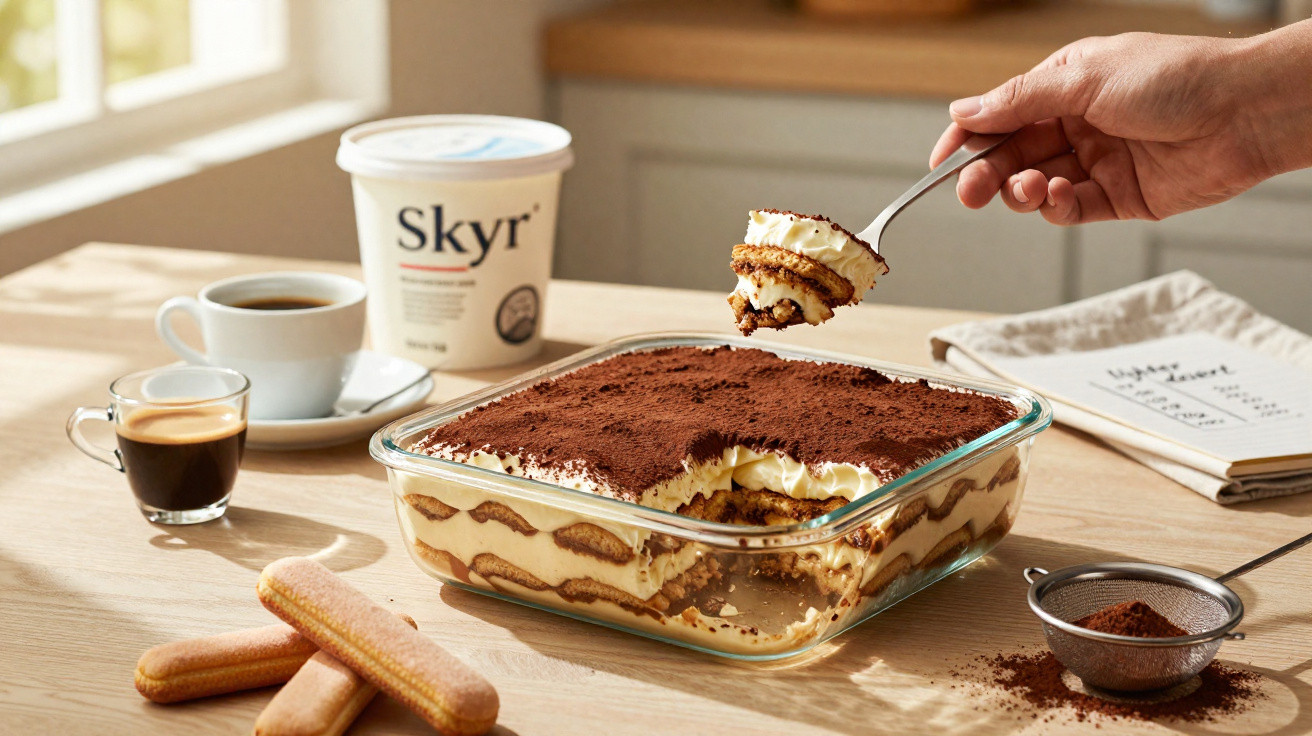 Porção de tiramisù em prato de vidro, com café, palitos e iogurte Skyr numa mesa de madeira.