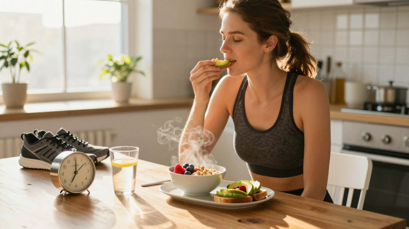 Mulher a comer uma fatia de abacate ao pequeno-almoço numa cozinha, com bench shoes e relógio na mesa.