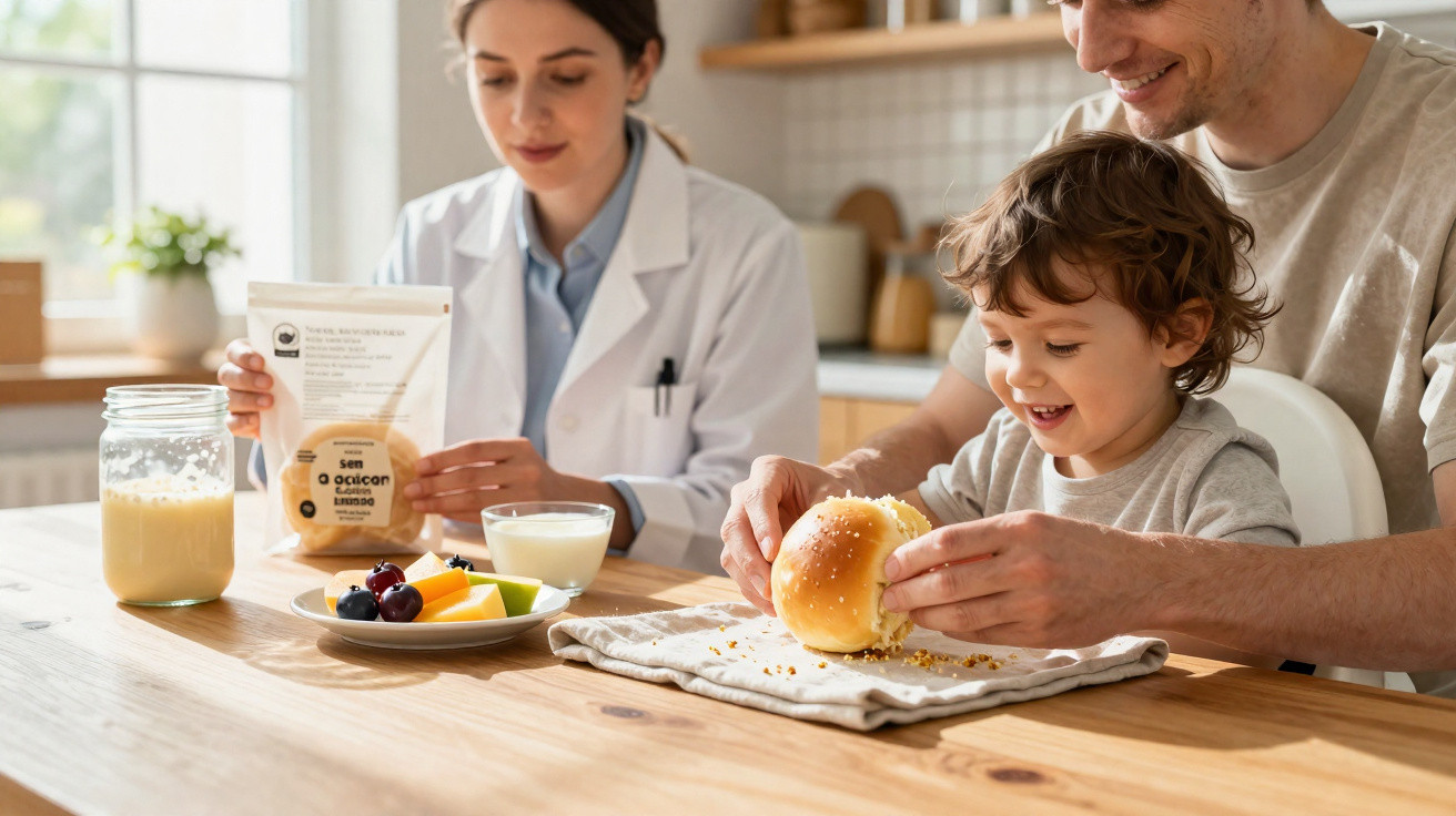 Criança com pai a segurar pão, nutricionista ao fundo apresentando pacote de alimento saudável.