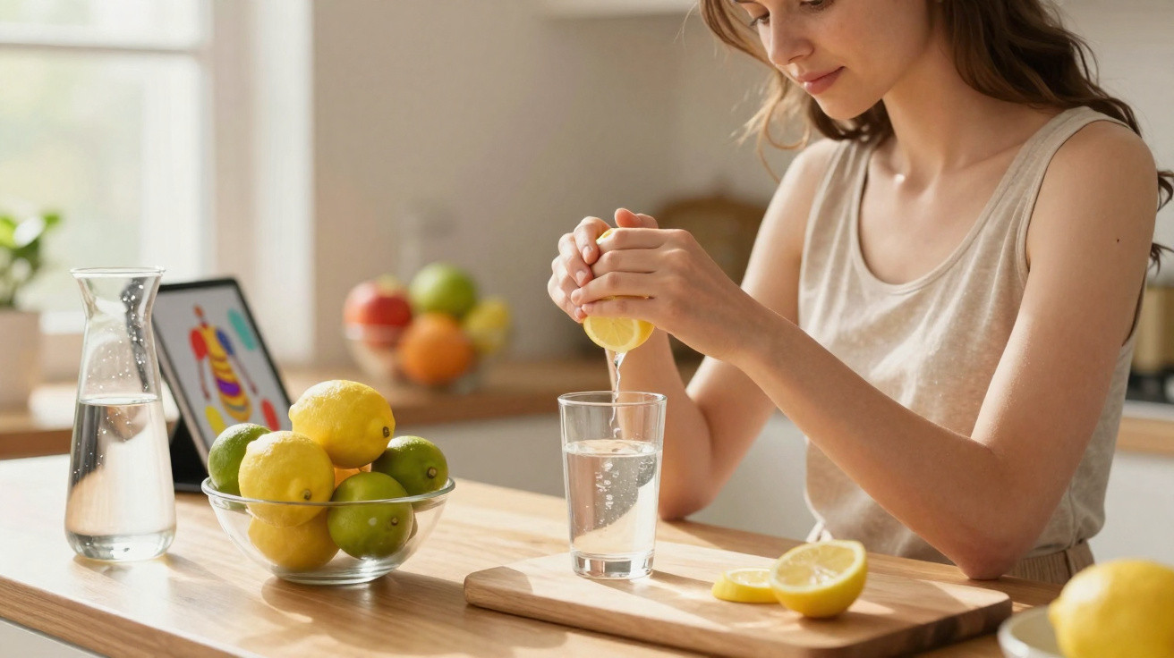 Mulher a espremer limão num copo de água numa cozinha luminosa com frutas sobre a mesa.