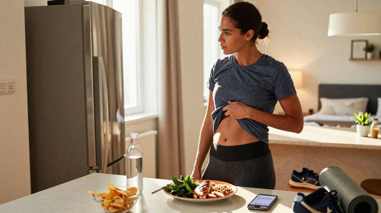 Mulher em roupa desportiva observa o seu abdómen levantando a t-shirt numa cozinha moderna.