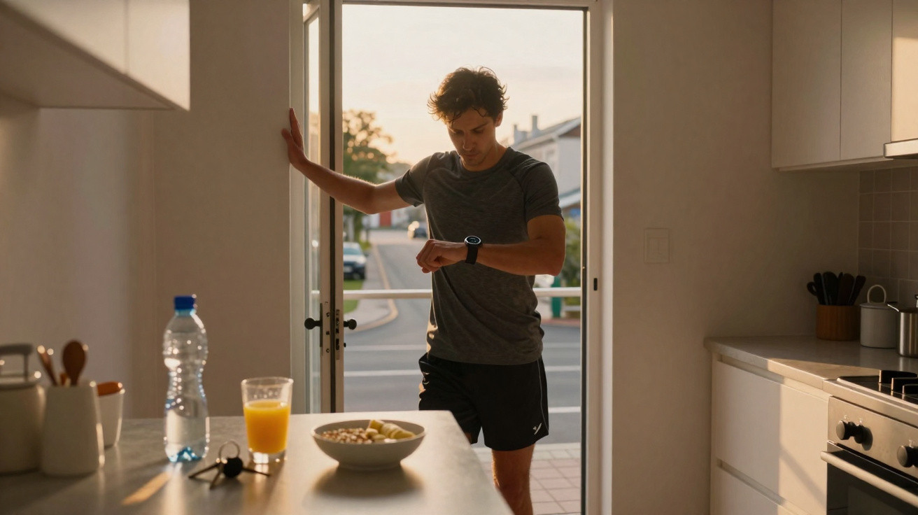 Homem em roupa desportiva entra em casa e verifica o relógio, com pequeno-almoço sobre o balcão da cozinha.