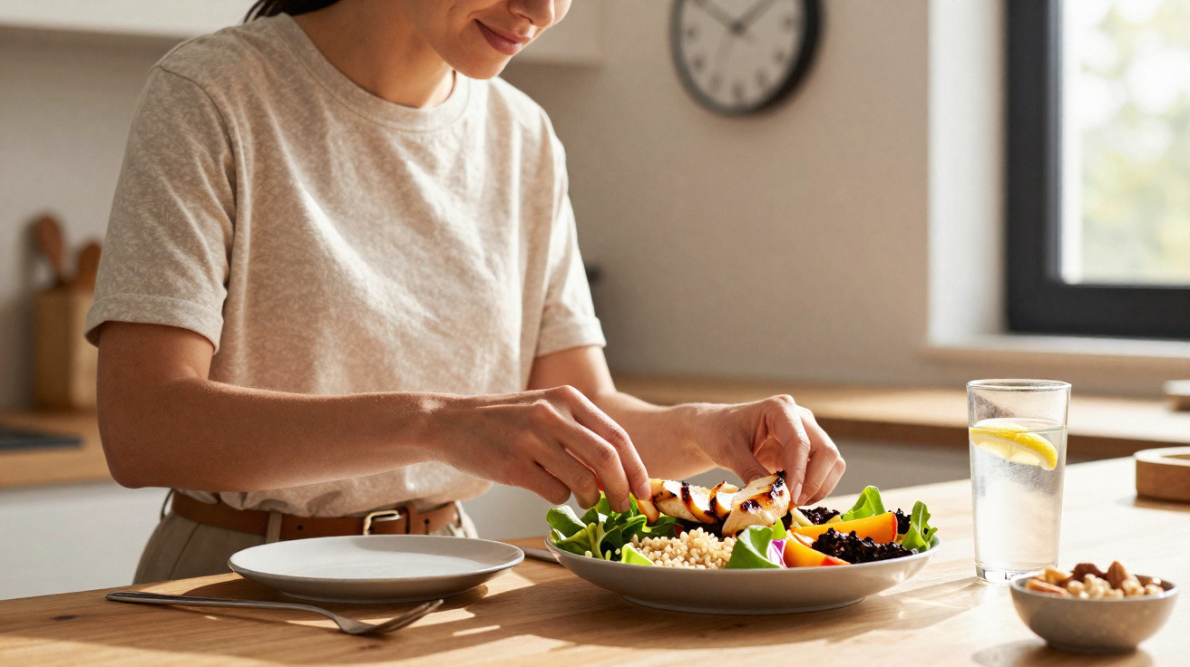 Pessoa a preparar uma salada saudável numa cozinha moderna, com vidro de água e limão ao lado.