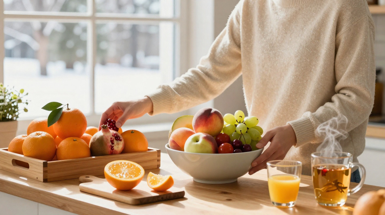 Pessoa a preparar uma tigela de frutas frescas numa cozinha iluminada, com chá e sumo à frente.