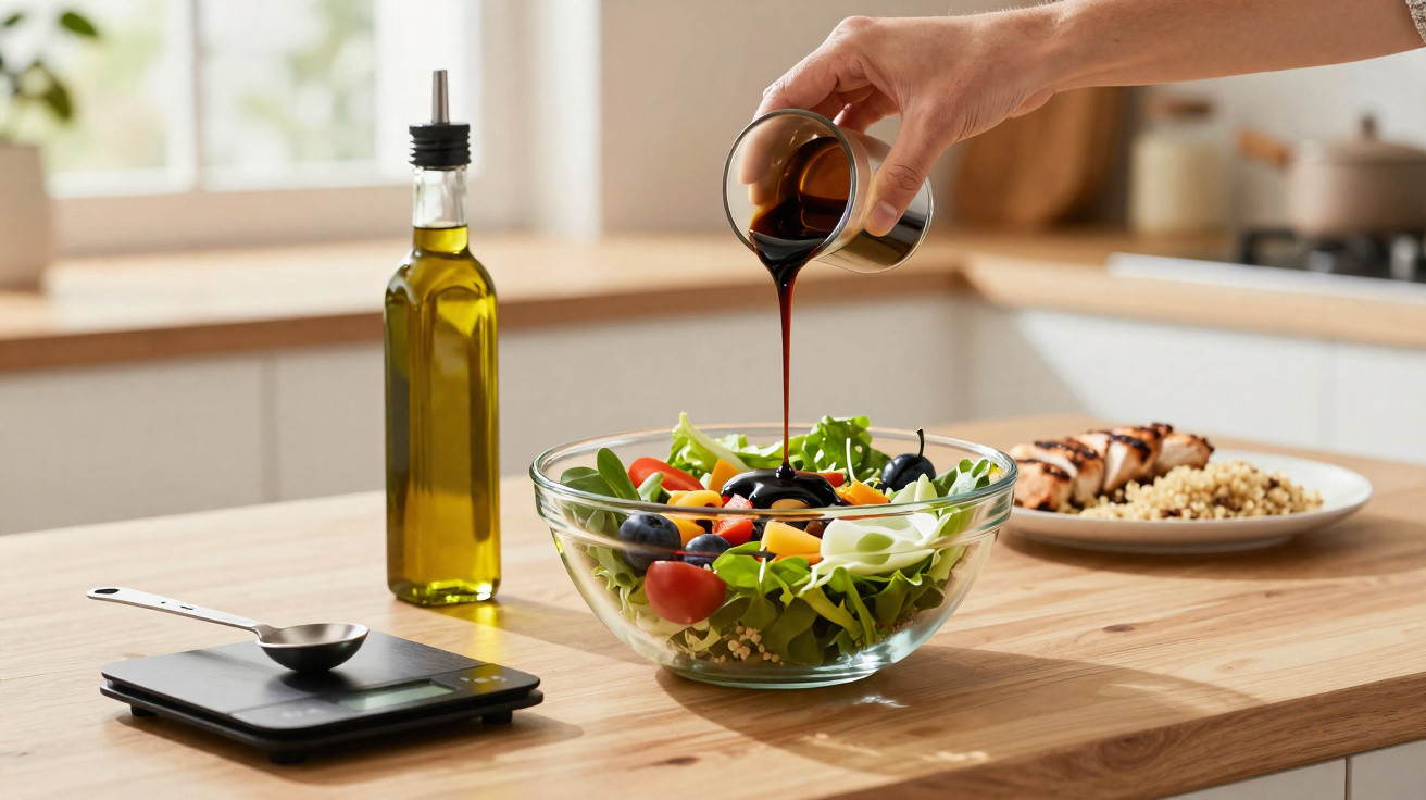 Pessoa a colocar molho balsâmico numa salada com legumes frescos numa cozinha moderna.