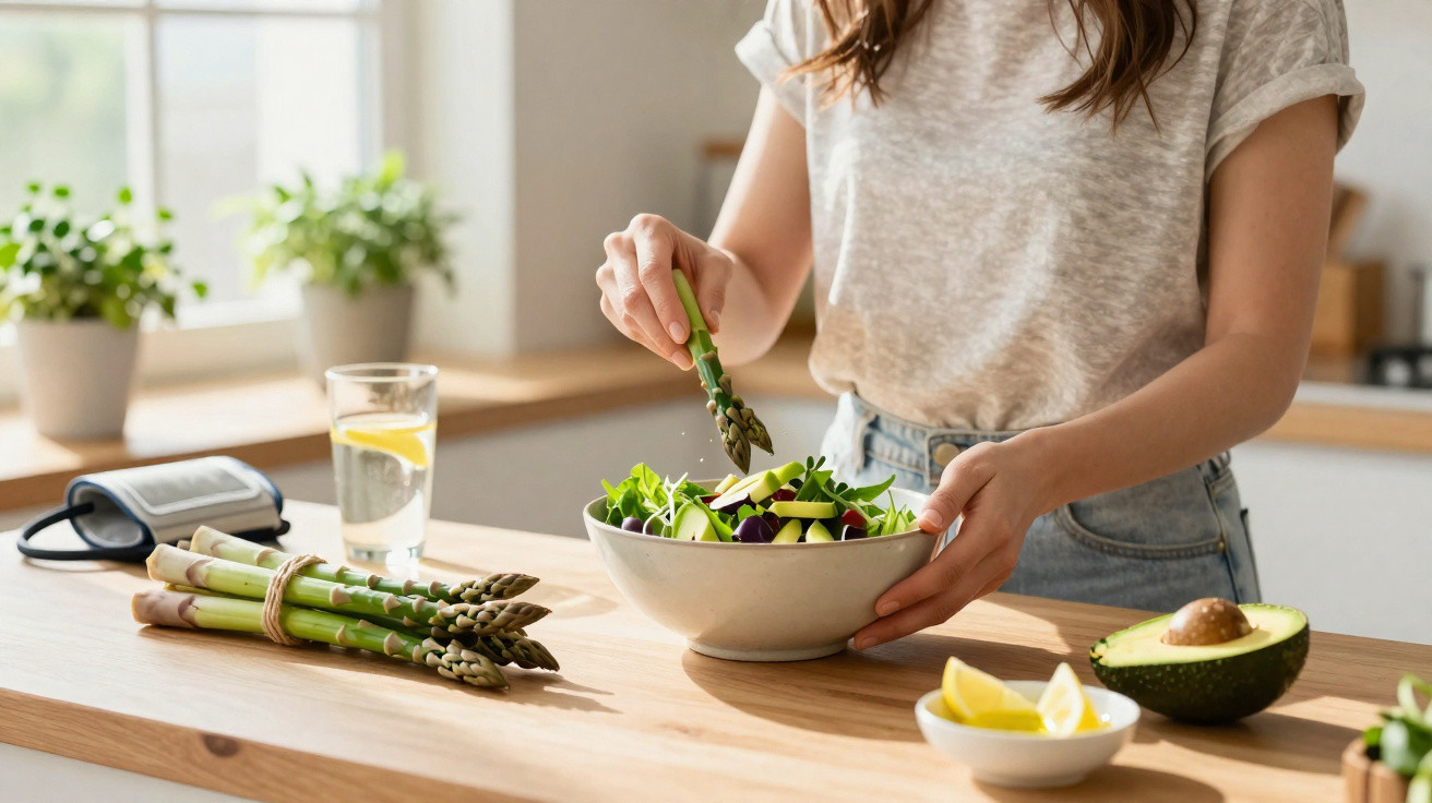 Pessoa a preparar salada fresca com espargos, abacate e limão numa cozinha iluminada.
