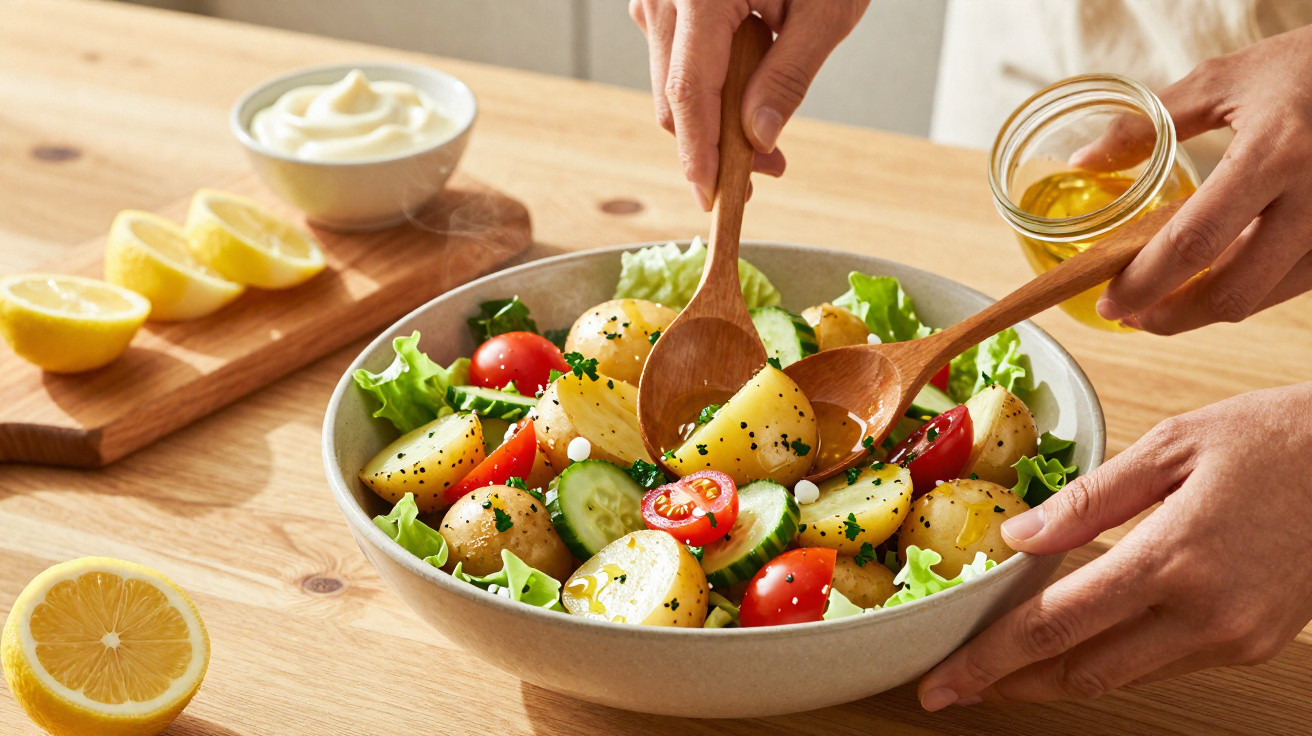 Salada colorida com alface, batatas, tomate cherry e pepino, temperada com azeite e ervas, mãos a servir.