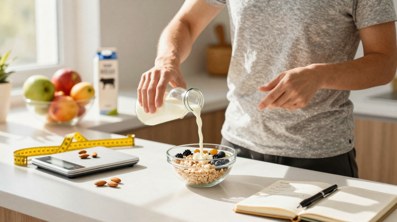 Pessoa a verter leite numa taça com aveia e frutos no balcão da cozinha, ao lado de caderno e fita métrica