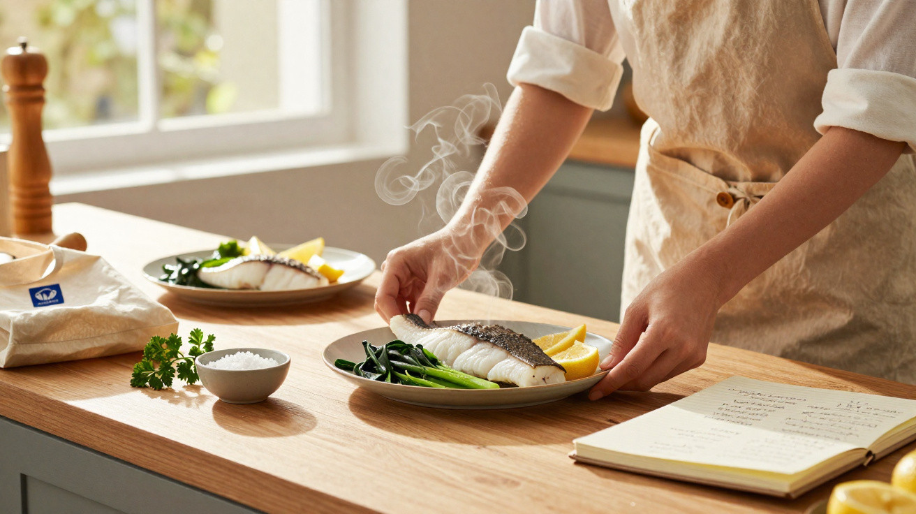 Pessoa a servir prato com peixe vaporizado e legumes numa cozinha luminosa.