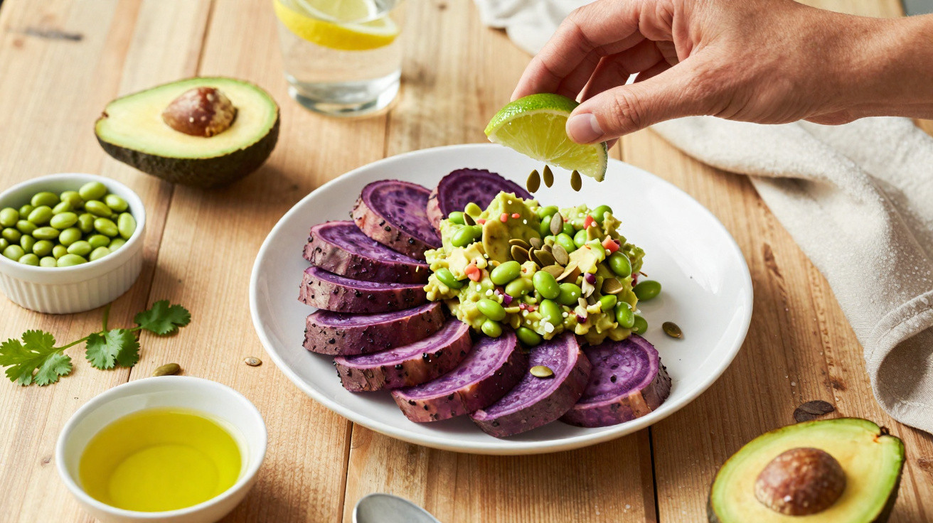 Prato com batata-doce roxa fatiada e guacamole, mão a espremer limão por cima, abacates e temperos à volta.