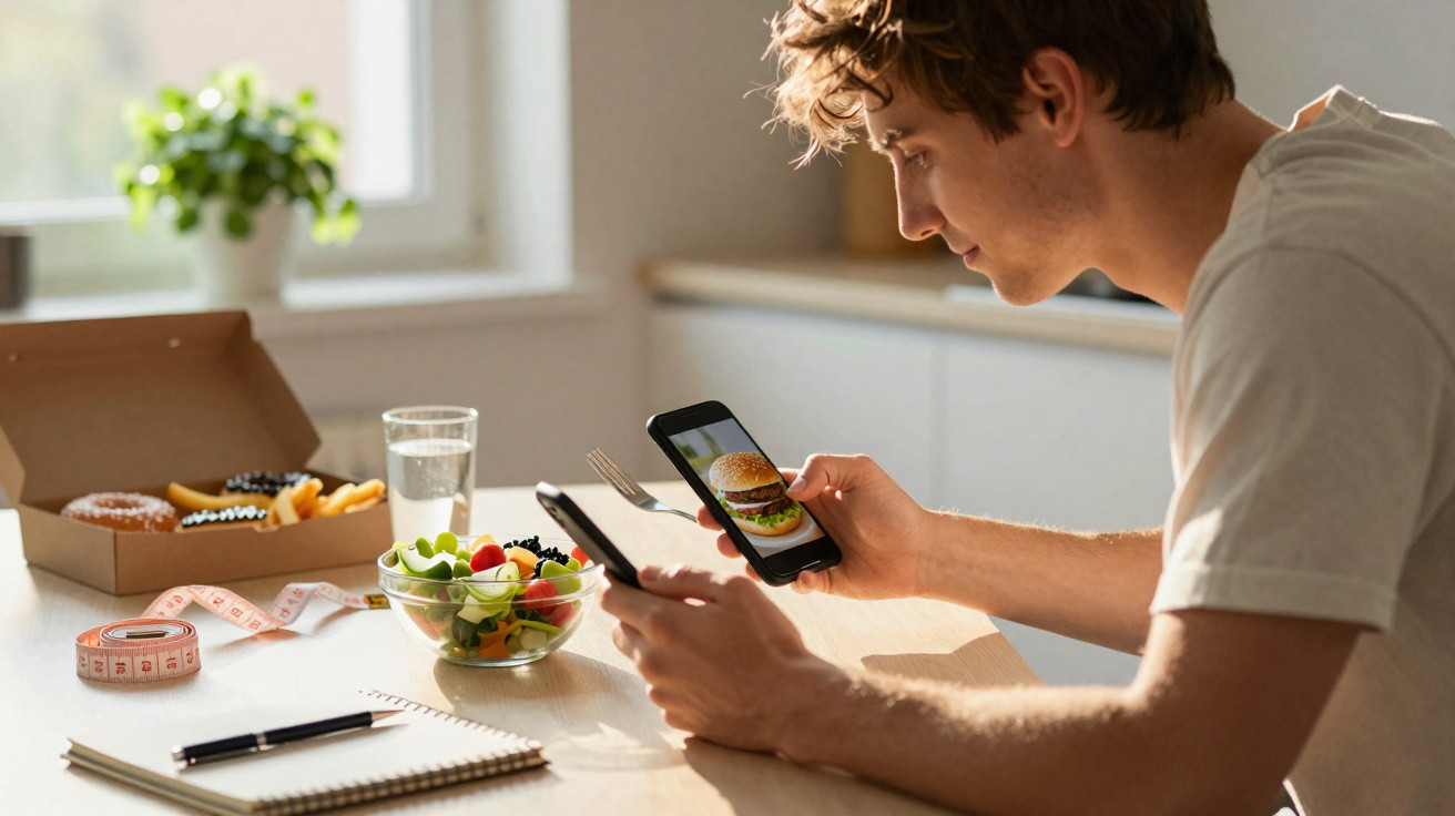 Homem sentado à mesa a comparar uma imagem de hambúrguer no telemóvel com uma salada e doces à sua frente.