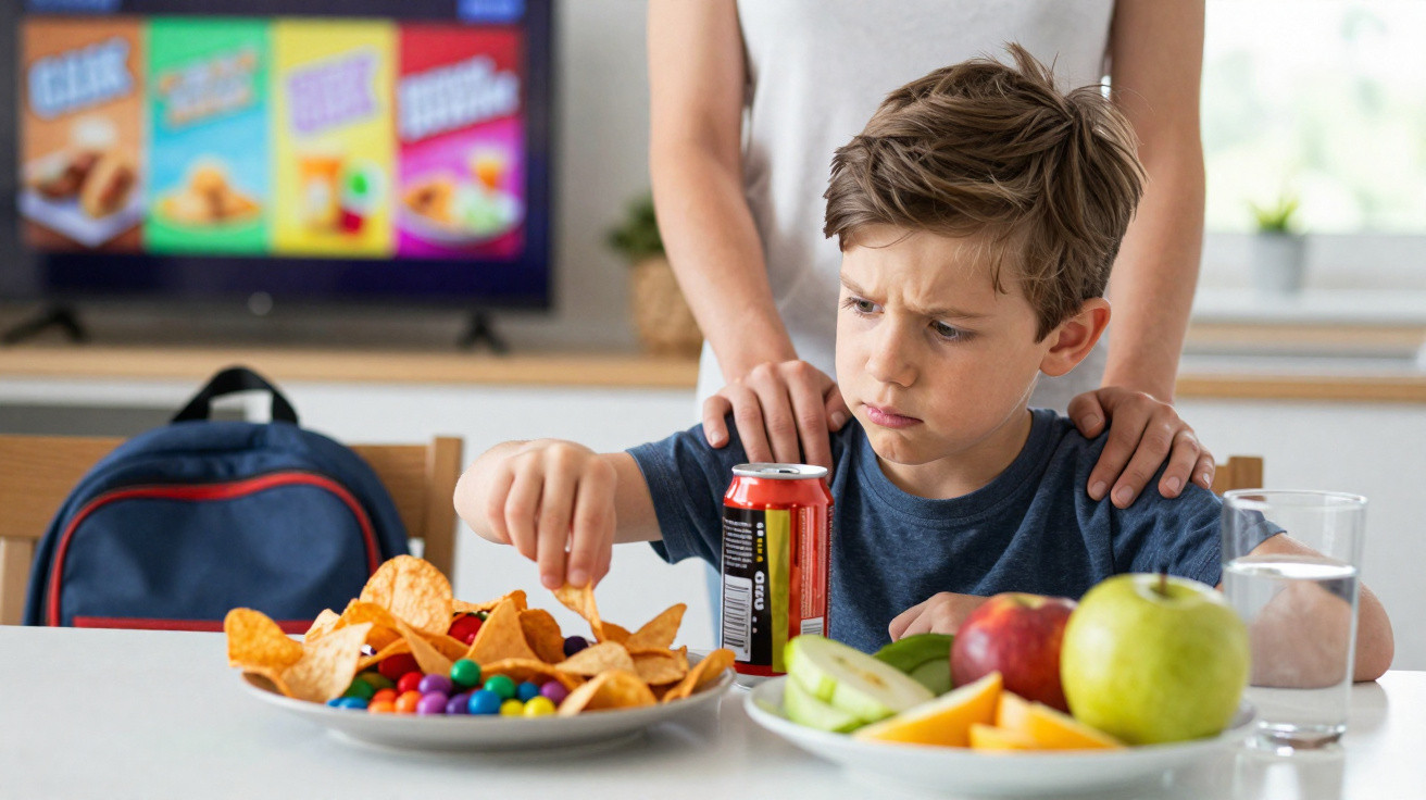 Criança hesitante a escolher entre snacks açucarados e frutas frescas numa mesa, com alguém a apoiar-lhe os ombros.