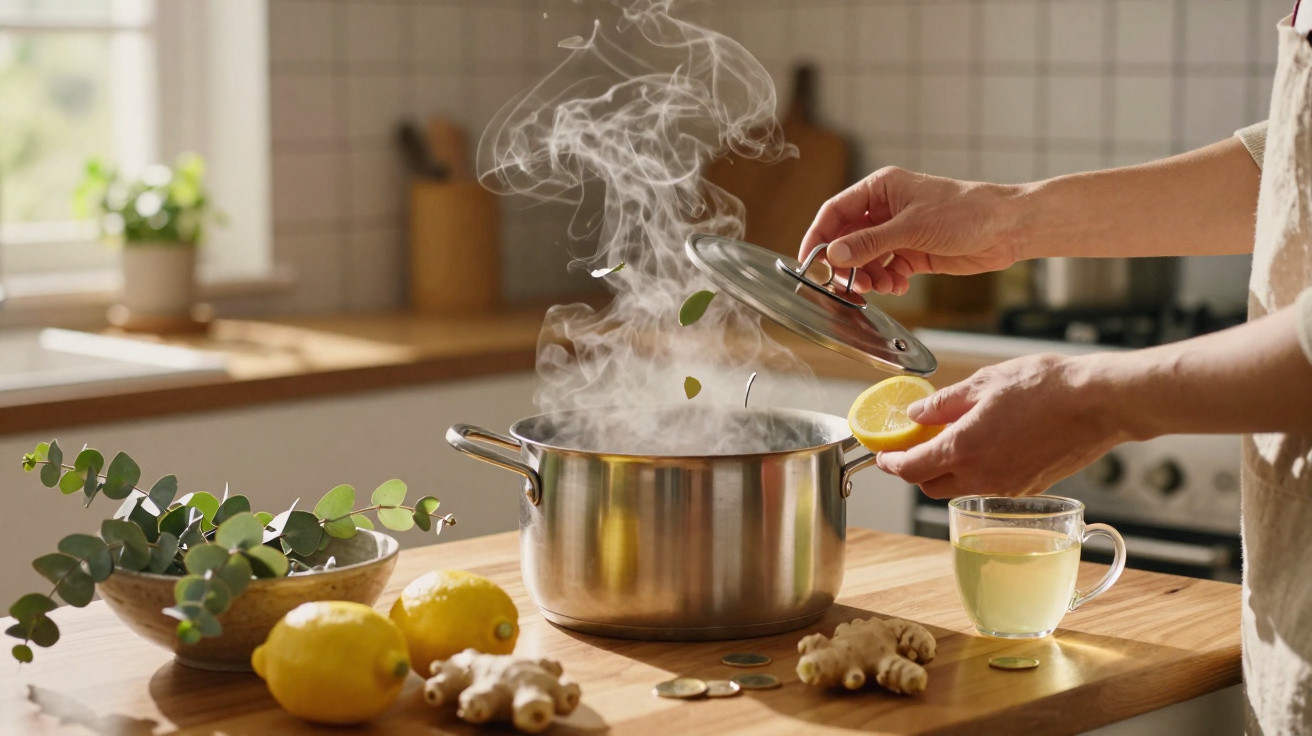 Pessoa a tapar uma panela a vapor numa cozinha com limões, gengibre e chá numa bancada de madeira.