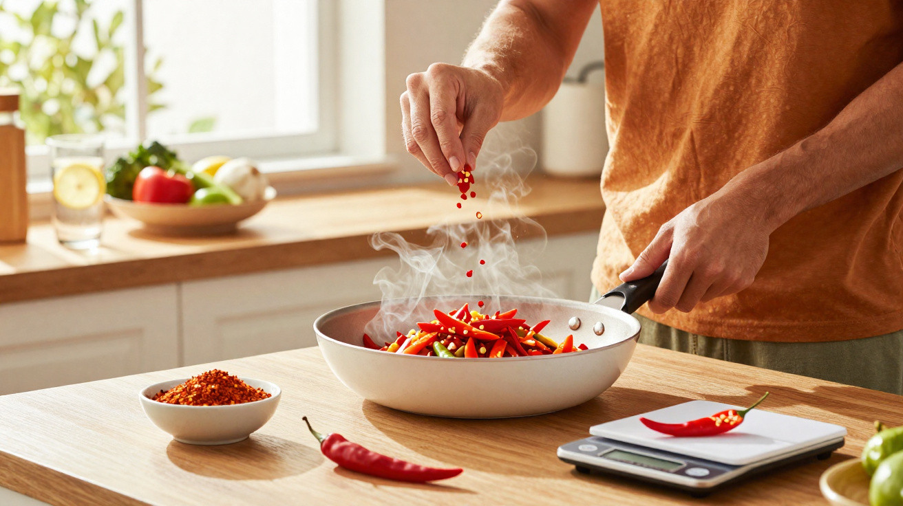 Pessoa a temperar legumes com malaguetas vermelhas numa panela fumegante numa cozinha iluminada.