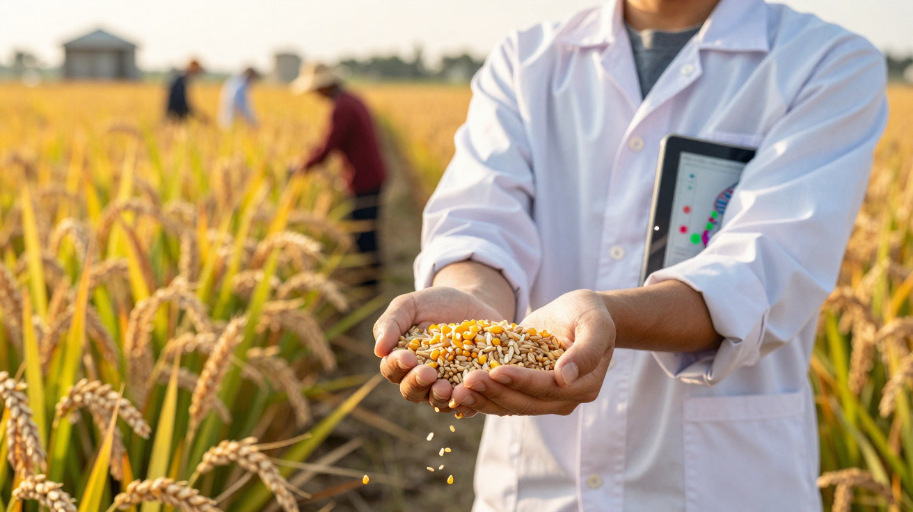 Pessoa com bata branca segura grãos de cereal numa mão, campo de arroz dourado ao fundo.
