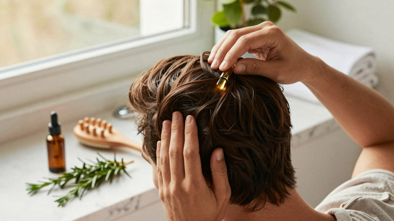 Pessoa a aplicar óleo capilar num cabelo castanho junto a uma janela com planta e escova ao fundo.