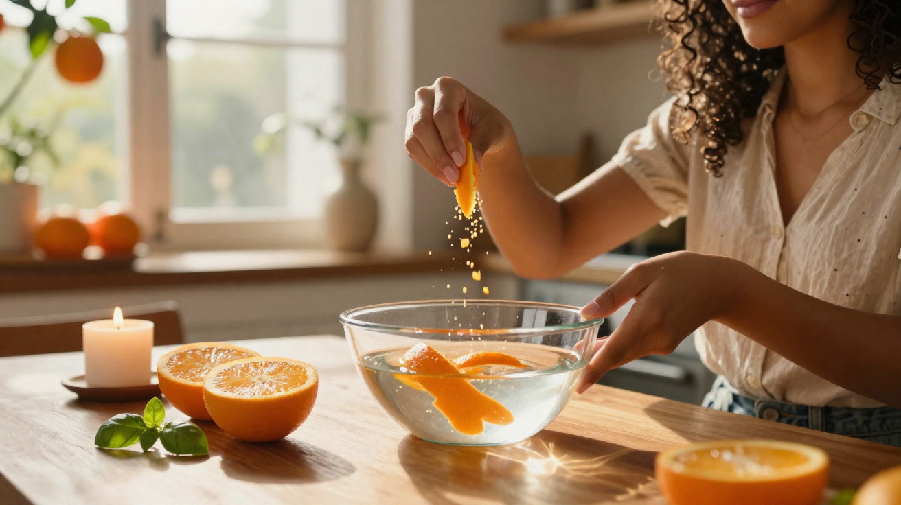 Mulher a espremer casca de laranja em tigela com água numa cozinha iluminada a luz natural.