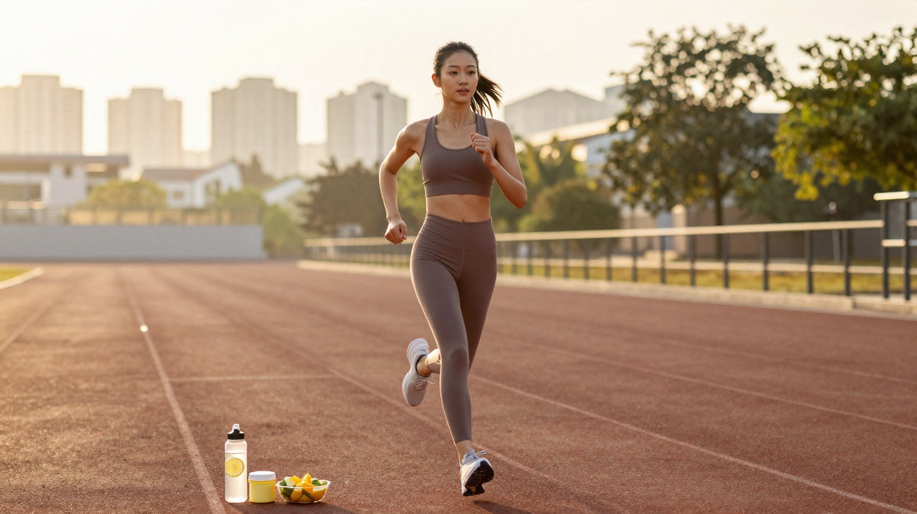 Mulher a correr numa pista de atletismo com garrafa de água e fruta ao lado ao amanhecer.