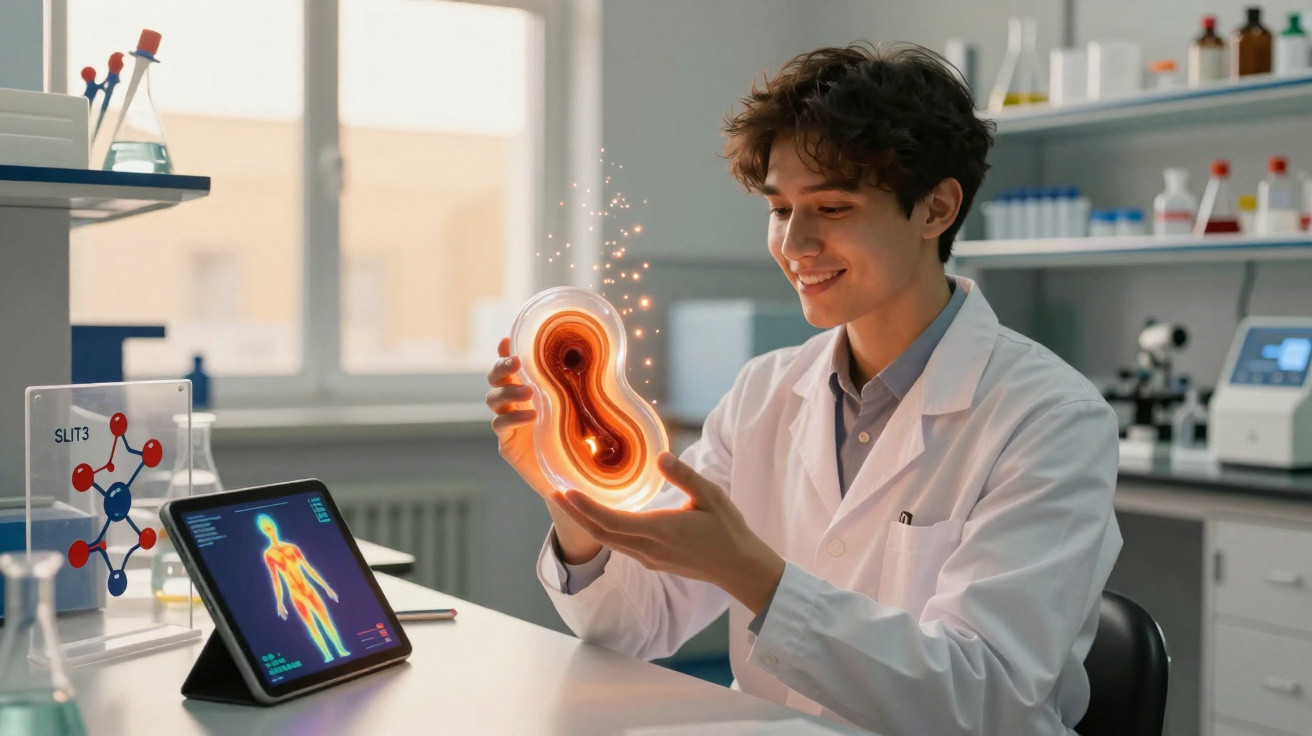 Cientista jovem a examinar modelo digital brilhante de célula numa sala de laboratório moderna.