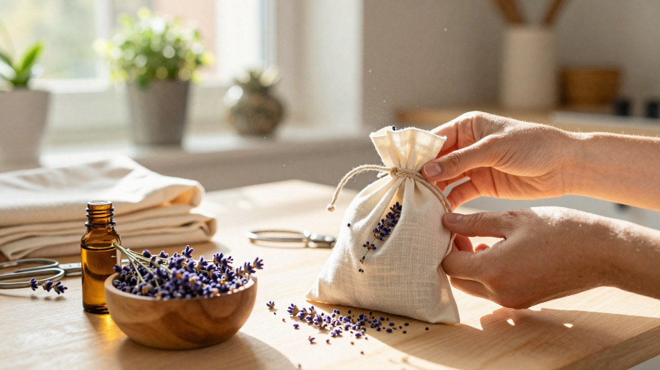 Mãos a fechar um saquinho de tecido com flores de lavanda sobre uma mesa com frasco de óleo e mais flores.
