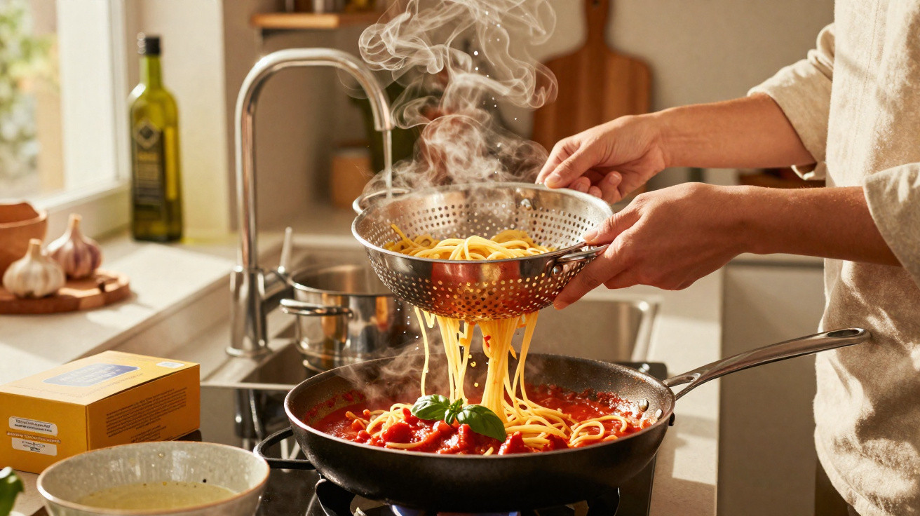 Pessoa a escorrer esparguete quente de um passador para uma frigideira com molho de tomate na cozinha.