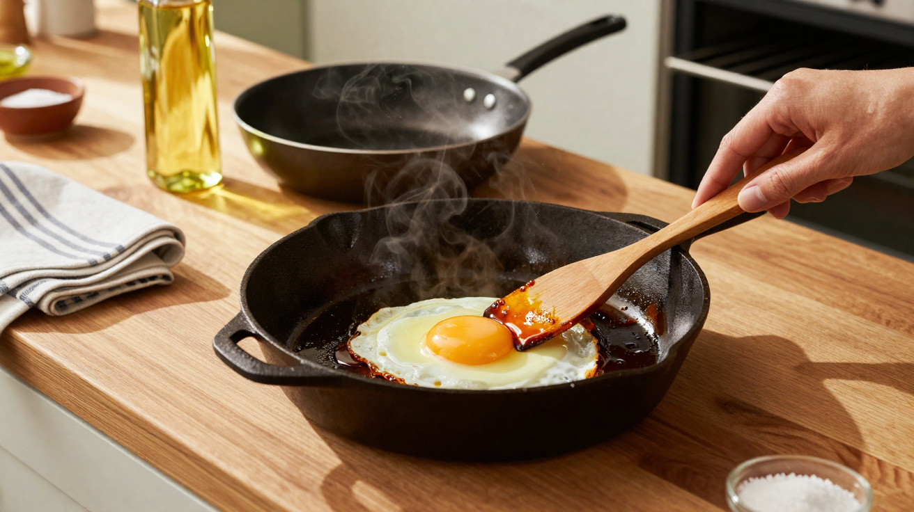 Ovo a fritar em frigideira de ferro fundido numa cozinha com mão a usar espátula de madeira.