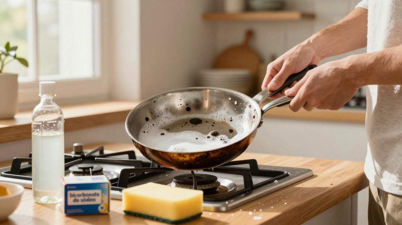 Pessoa a lavar uma frigideira com espuma de sabão numa cozinha moderna com forno a gás.
