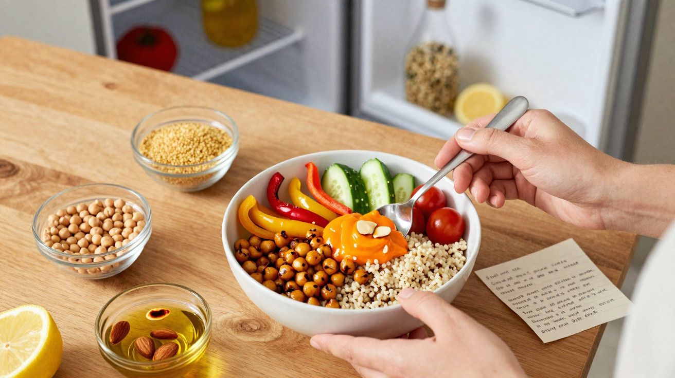 Pessoa a preparar uma tigela de salada com grão-de-bico, quinoa, pepino, pimento e molho laranja na cozinha.