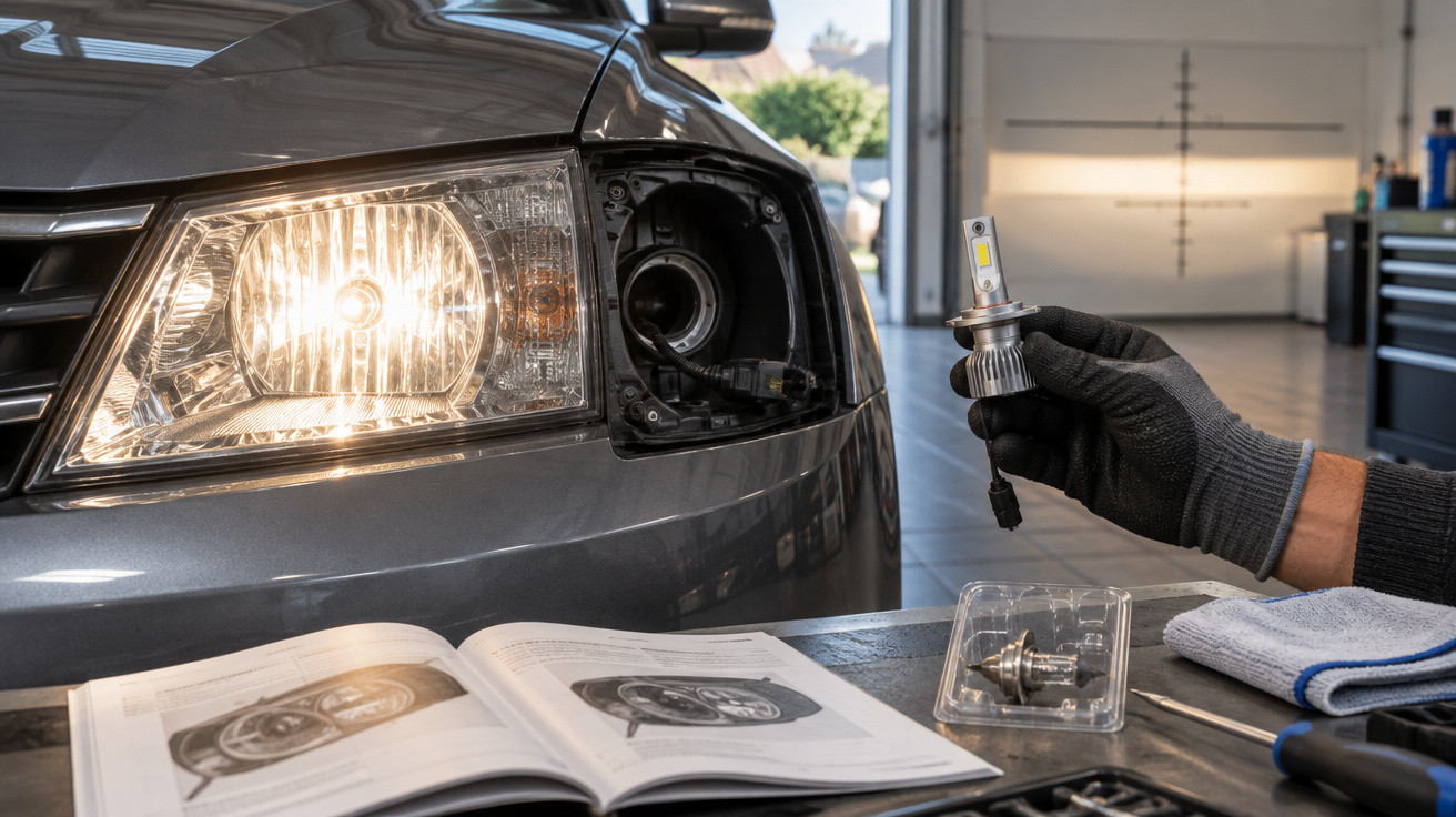 Mão com luva segura lâmpada LED perto de farol de carro parcialmente desmontado numa oficina.